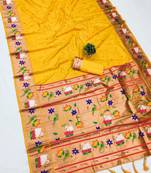 yellow banarasi silk blend saree with paithani weaved pallu and blouse