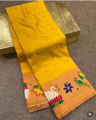 yellow banarasi silk blend saree with paithani weaved pallu and blouse 2