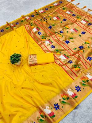 yellow banarasi silk blend saree with paithani weaved pallu and blouse 3