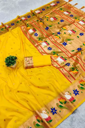 yellow banarasi silk blend saree with paithani weaved pallu and blouse