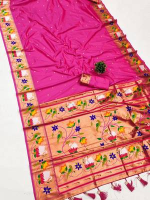 pink banarasi silk blend saree with paithani weaved pallu and blouse 1