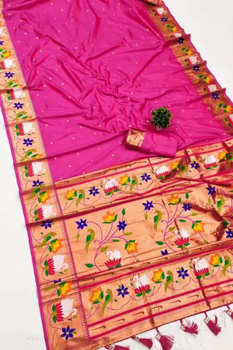 pink banarasi silk blend saree with paithani weaved pallu and blouse