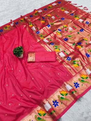 pink banarasi silk blend saree with paithani weaved pallu and blouse 3
