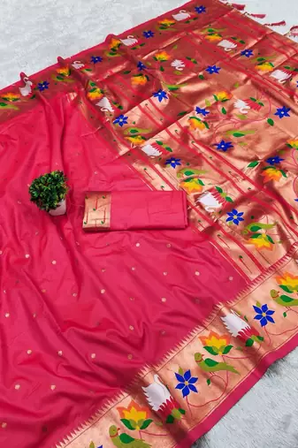 pink banarasi silk blend saree with paithani weaved pallu and blouse