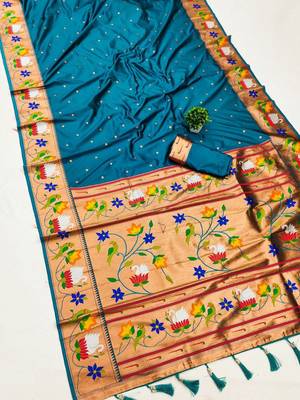 sky banarasi silk blend saree with paithani weaved pallu and blouse 1