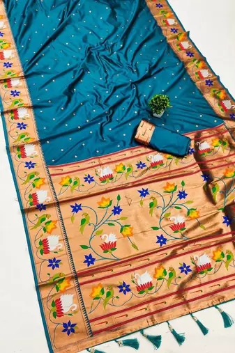 sky banarasi silk blend saree with paithani weaved pallu and blouse