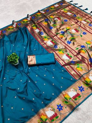 sky banarasi silk blend saree with paithani weaved pallu and blouse 3