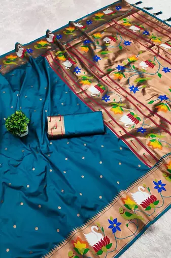 sky banarasi silk blend saree with paithani weaved pallu and blouse