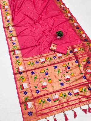 pink banarasi silk blend saree with paithani weaved pallu and blouse 1