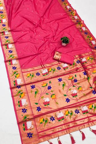 pink banarasi silk blend saree with paithani weaved pallu and blouse