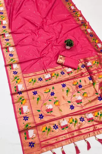 pink banarasi silk blend saree with paithani weaved pallu and blouse