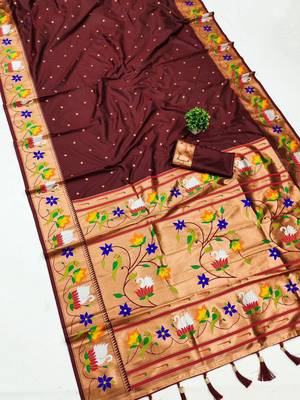 cofee banarasi silk blend saree with paithani weaved pallu and blouse 1