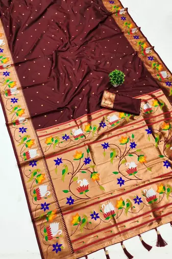 cofee banarasi silk blend saree with paithani weaved pallu and blouse