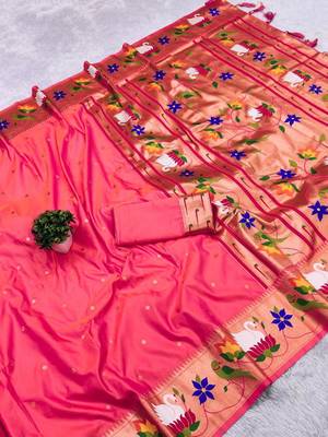 pink banarasi silk blend saree with paithani weaved pallu and blouse 2