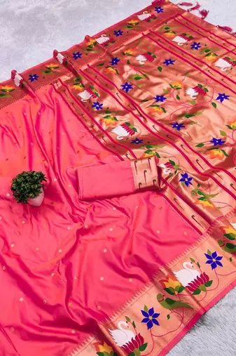 pink banarasi silk blend saree with paithani weaved pallu and blouse