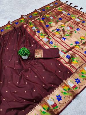 cofee banarasi silk blend saree with paithani weaved pallu and blouse 3