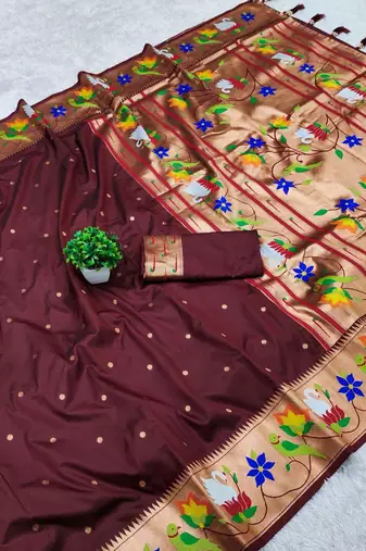 cofee banarasi silk blend saree with paithani weaved pallu and blouse