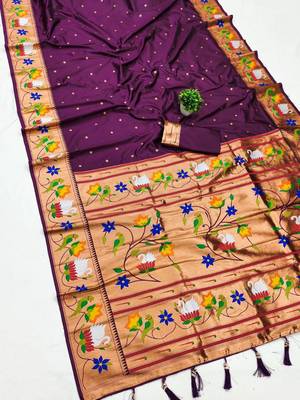 wine banarasi silk blend saree with paithani weaved pallu and blouse 1