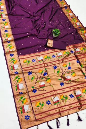 wine banarasi silk blend saree with paithani weaved pallu and blouse