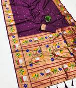wine banarasi silk blend saree with paithani weaved pallu and blouse