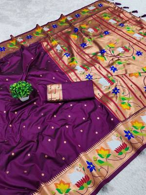 wine banarasi silk blend saree with paithani weaved pallu and blouse 3