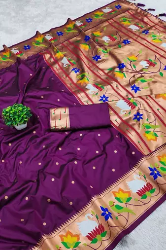 wine banarasi silk blend saree with paithani weaved pallu and blouse