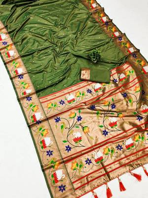 mehendi green banarasi silk blend saree with paithani weaved pallu and blouse 1
