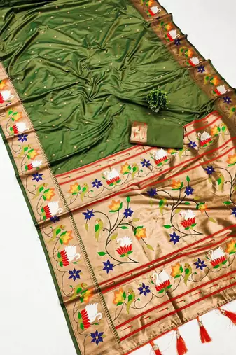 mehendi green banarasi silk blend saree with paithani weaved pallu and blouse
