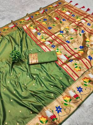 mehendi green banarasi silk blend saree with paithani weaved pallu and blouse 2
