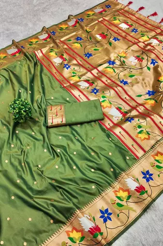 mehendi green banarasi silk blend saree with paithani weaved pallu and blouse