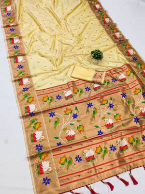 cream banarasi silk blend saree with paithani weaved pallu and blouse 1
