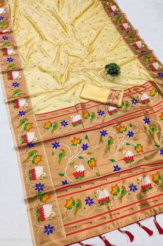 cream banarasi silk blend saree with paithani weaved pallu and blouse