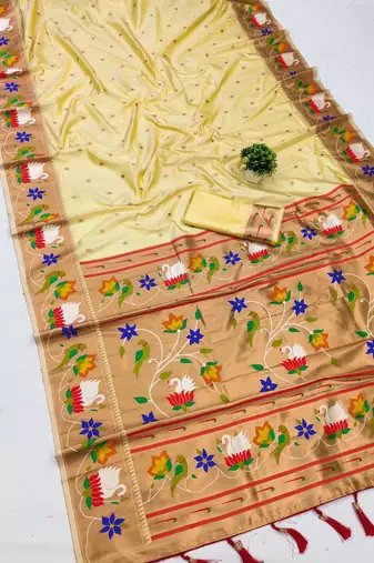 cream banarasi silk blend saree with paithani weaved pallu and blouse