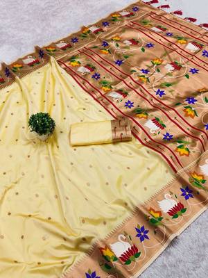 cream banarasi silk blend saree with paithani weaved pallu and blouse 2