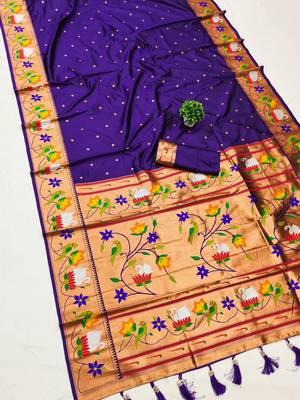 blue banarasi silk blend saree with paithani weaved pallu and blouse 1