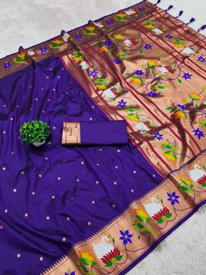 blue banarasi silk blend saree with paithani weaved pallu and blouse 2