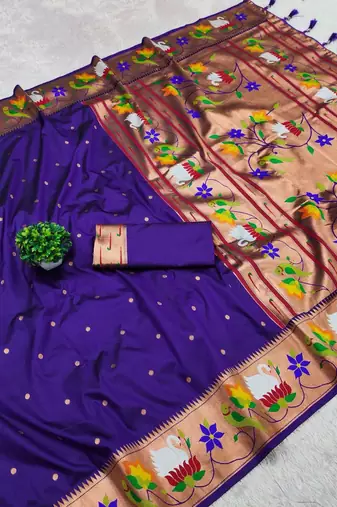 blue banarasi silk blend saree with paithani weaved pallu and blouse