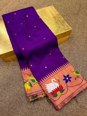 blue banarasi silk blend saree with paithani weaved pallu and blouse 3