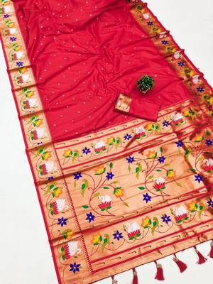 red banarasi silk blend saree with paithani weaved pallu and blouse 1