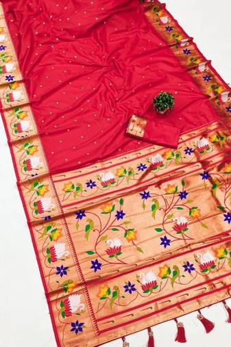 red banarasi silk blend saree with paithani weaved pallu and blouse