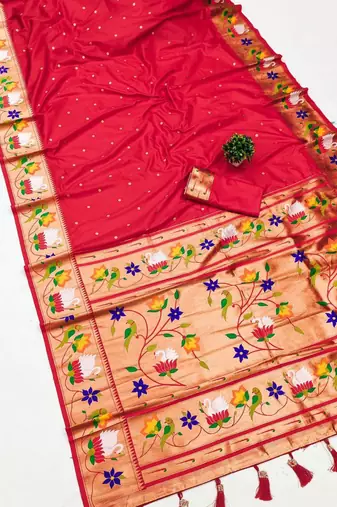 red banarasi silk blend saree with paithani weaved pallu and blouse