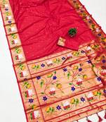 red banarasi silk blend saree with paithani weaved pallu and blouse