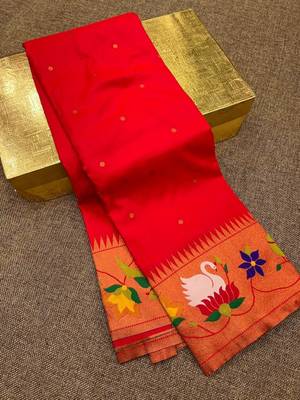 red banarasi silk blend saree with paithani weaved pallu and blouse 2