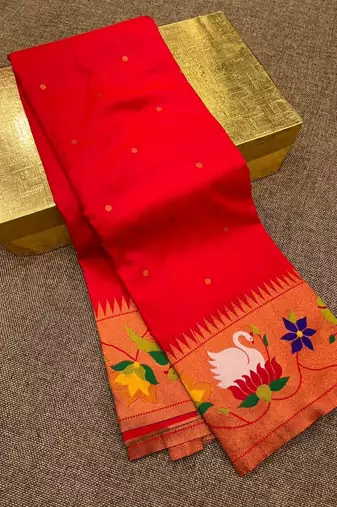 red banarasi silk blend saree with paithani weaved pallu and blouse