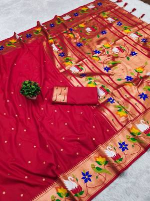 red banarasi silk blend saree with paithani weaved pallu and blouse 3