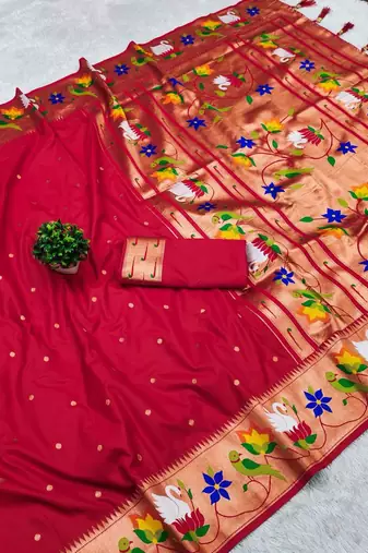 red banarasi silk blend saree with paithani weaved pallu and blouse
