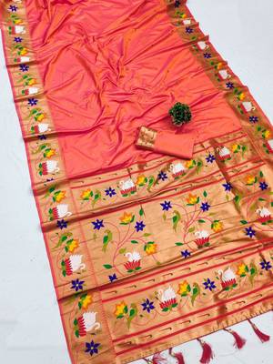 orange banarasi silk blend saree with paithani weaved pallu and blouse 1