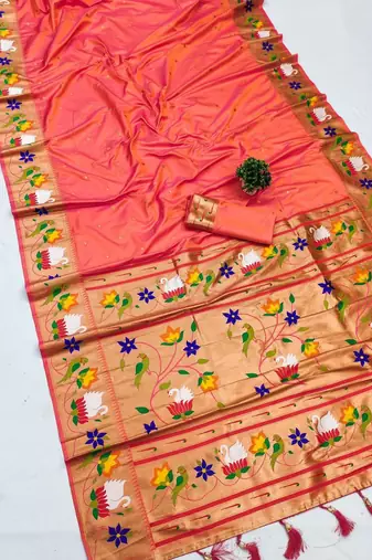 orange banarasi silk blend saree with paithani weaved pallu and blouse