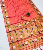 orange banarasi silk blend saree with paithani weaved pallu and blouse