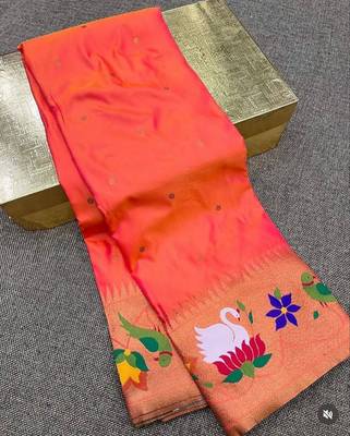 orange banarasi silk blend saree with paithani weaved pallu and blouse 2